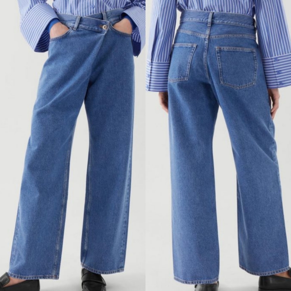 COS Crossover Folded Waist Blue Denim Straight Leg Jeans Size 32 NWT